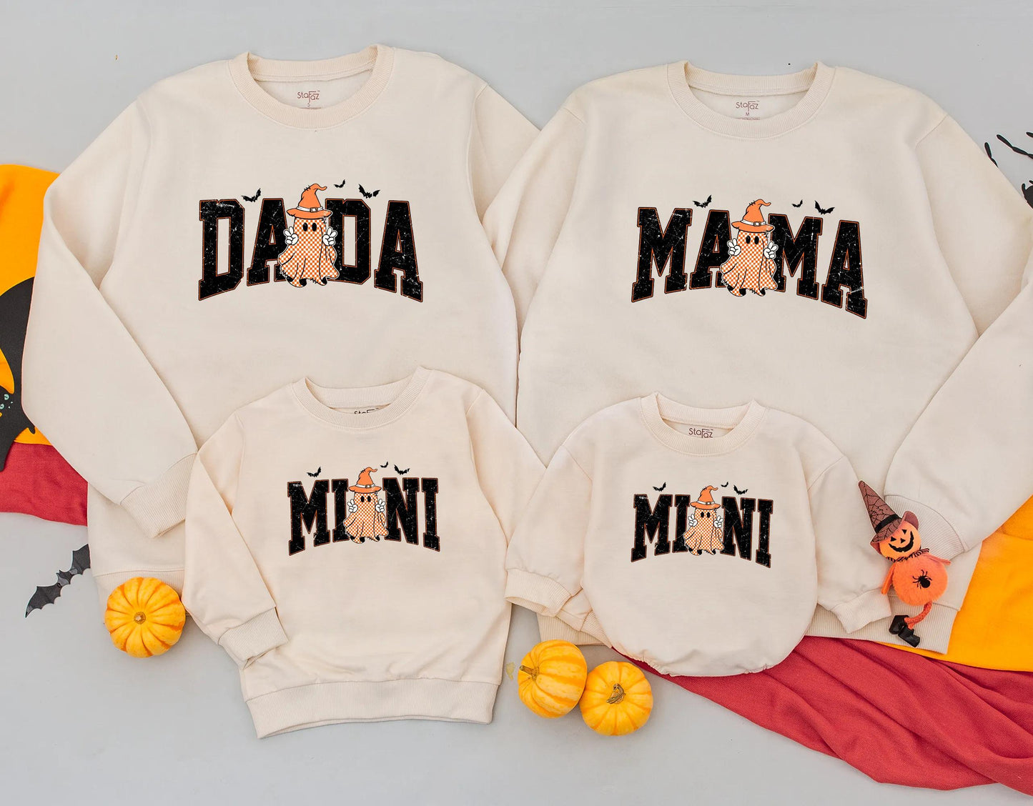 Retro Halloween Mommy and Me Matching Sweatshirts with Cheerful Checkered Ghost & Bats, Spooky Season Fall Family Outfit for My 1st Halloween