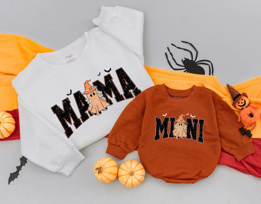 Retro Halloween Mommy and Me Matching Sweatshirts with Cheerful Checkered Ghost & Bats, Spooky Season Fall Family Outfit for My 1st Halloween