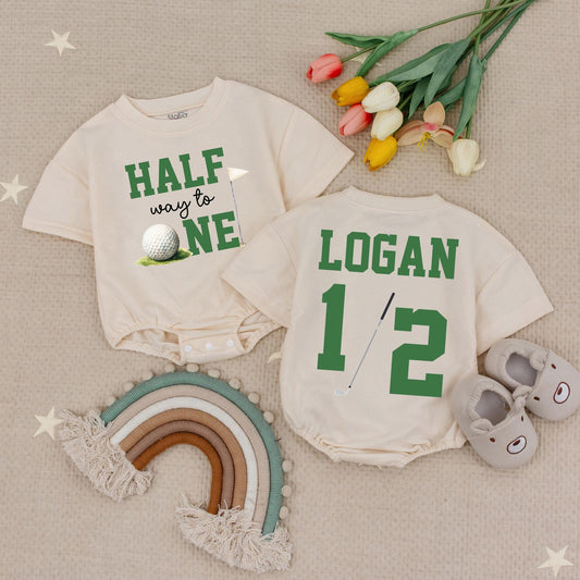 Custom Name Half Way To One Golf Romper 6 Month Baby Outfit Half Birthday Party Custom 1/2 Birthday Outfit Golf First Birthday