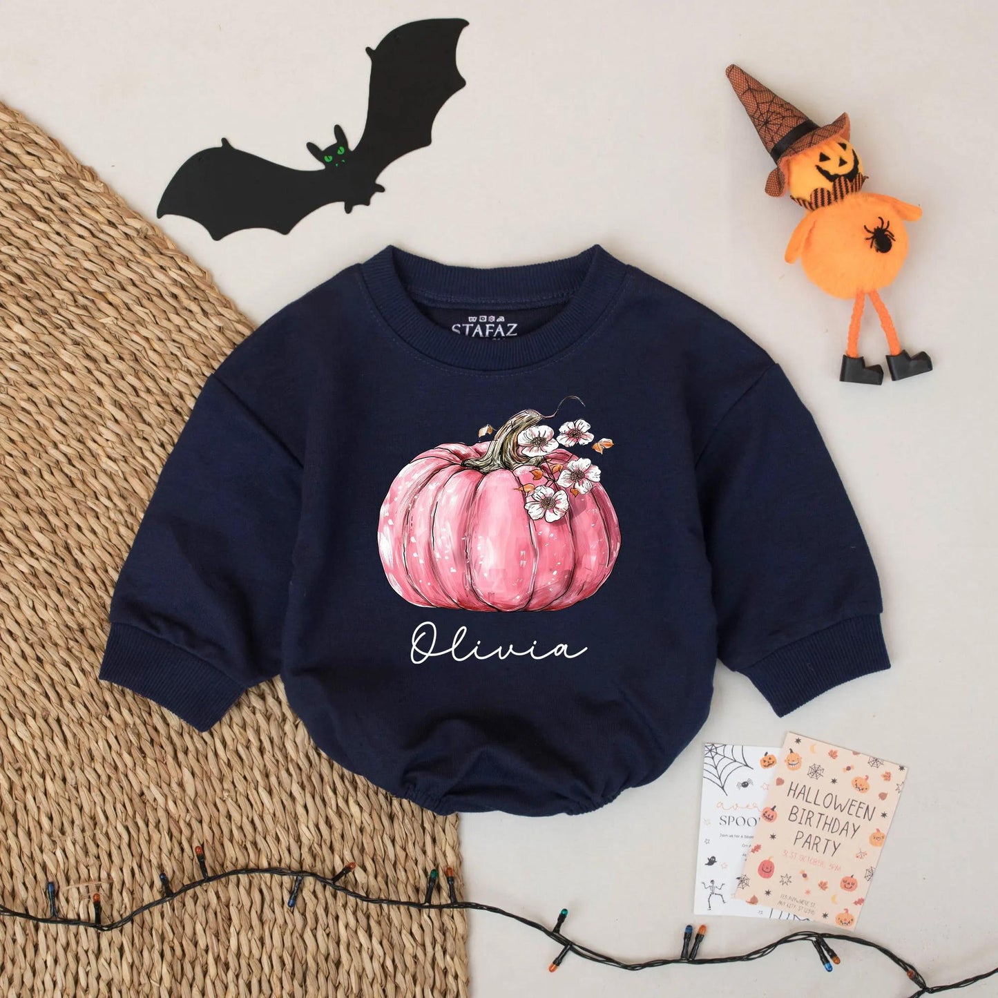 Personalized Fall Pumpkin Bubble Romper for Baby Girl - Custom Name Halloween Outfit, Spooky Season Newborn Gift