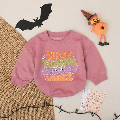Thick Thighs Spooky Vibes Halloween Baby Romper - Funny Infant Bodysuit with Retro Bats & Skulls - Custom Halloween Outfit 133