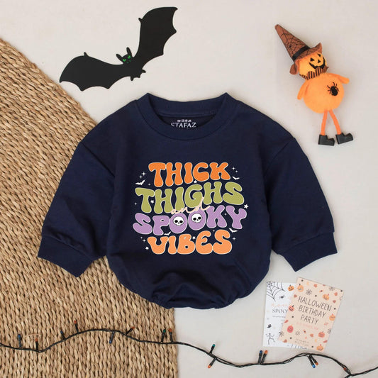 Thick Thighs Spooky Vibes Halloween Baby Romper - Funny Infant Bodysuit with Retro Bats & Skulls - Custom Halloween Outfit 133