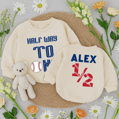 Half Way To One Baseball Romper: Baby's First Homerun! Personalized 1/2 Birthday Outfit for Your Little Slugger Short Sleeve Soft Cotton Clothes