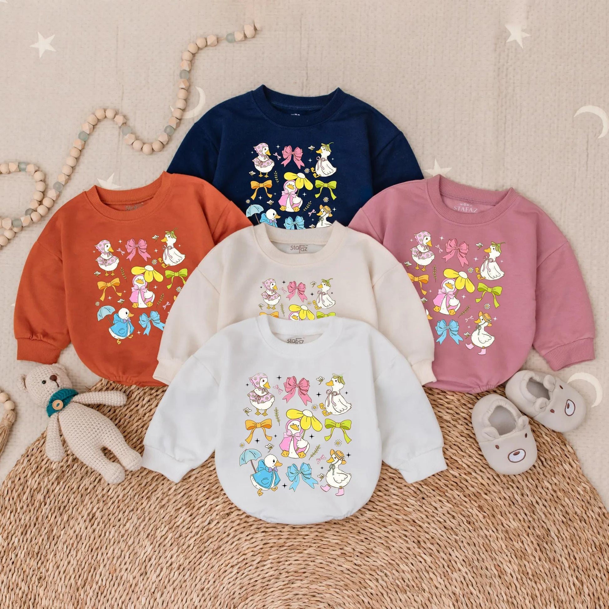 Spring Floral Goose Bubble Romper for Baby Girl with Sweet Pink Bow Detail, a Ruffled Farm Animal Easter Outfit and First Birthday Toddler Gift
