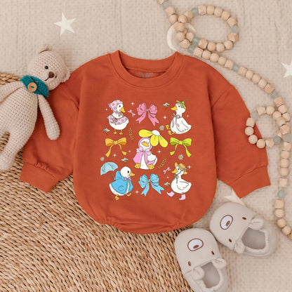 Spring Floral Goose Bubble Romper for Baby Girl with Sweet Pink Bow Detail, a Ruffled Farm Animal Easter Outfit and First Birthday Toddler Gift