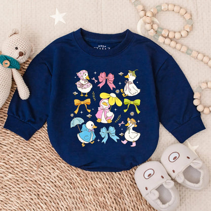 Spring Floral Goose Bubble Romper for Baby Girl with Sweet Pink Bow Detail, a Ruffled Farm Animal Easter Outfit and First Birthday Toddler Gift