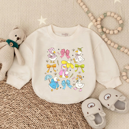 Spring Floral Goose Bubble Romper for Baby Girl with Sweet Pink Bow Detail, a Ruffled Farm Animal Easter Outfit and First Birthday Toddler Gift