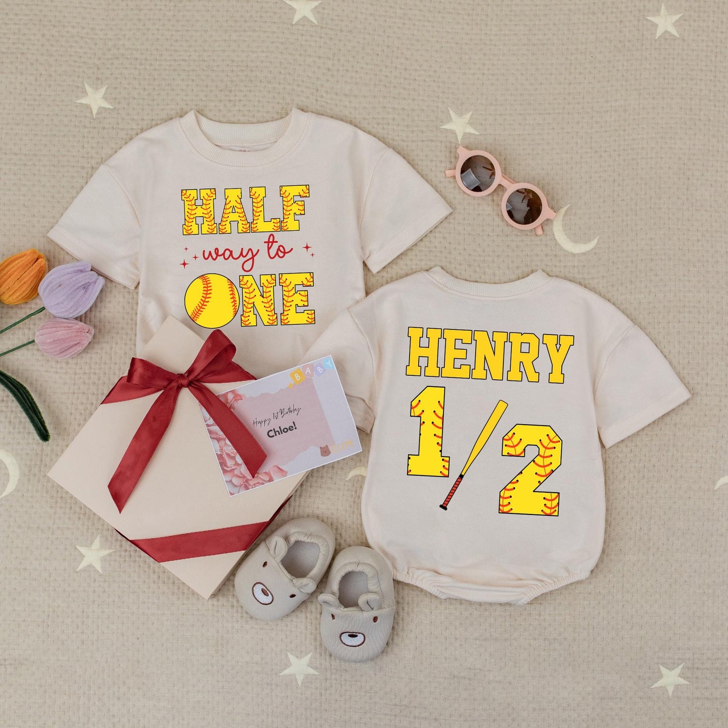 Custom Name Half Way To One Softball Baby Romper 6 Month Birthday Outfit Soft Ball Half Birthday Party 1/2 Birthday Gift For Babies