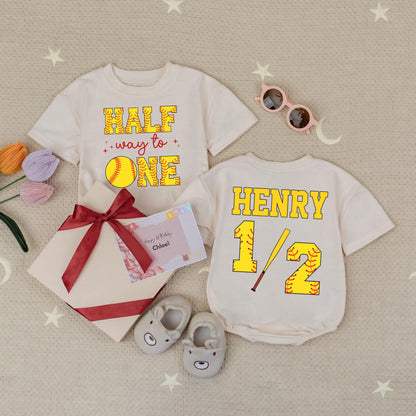 Custom Name Half Way To One Softball Baby Romper 6 Month Birthday Outfit Soft Ball Half Birthday Party 1/2 Birthday Gift For Babies