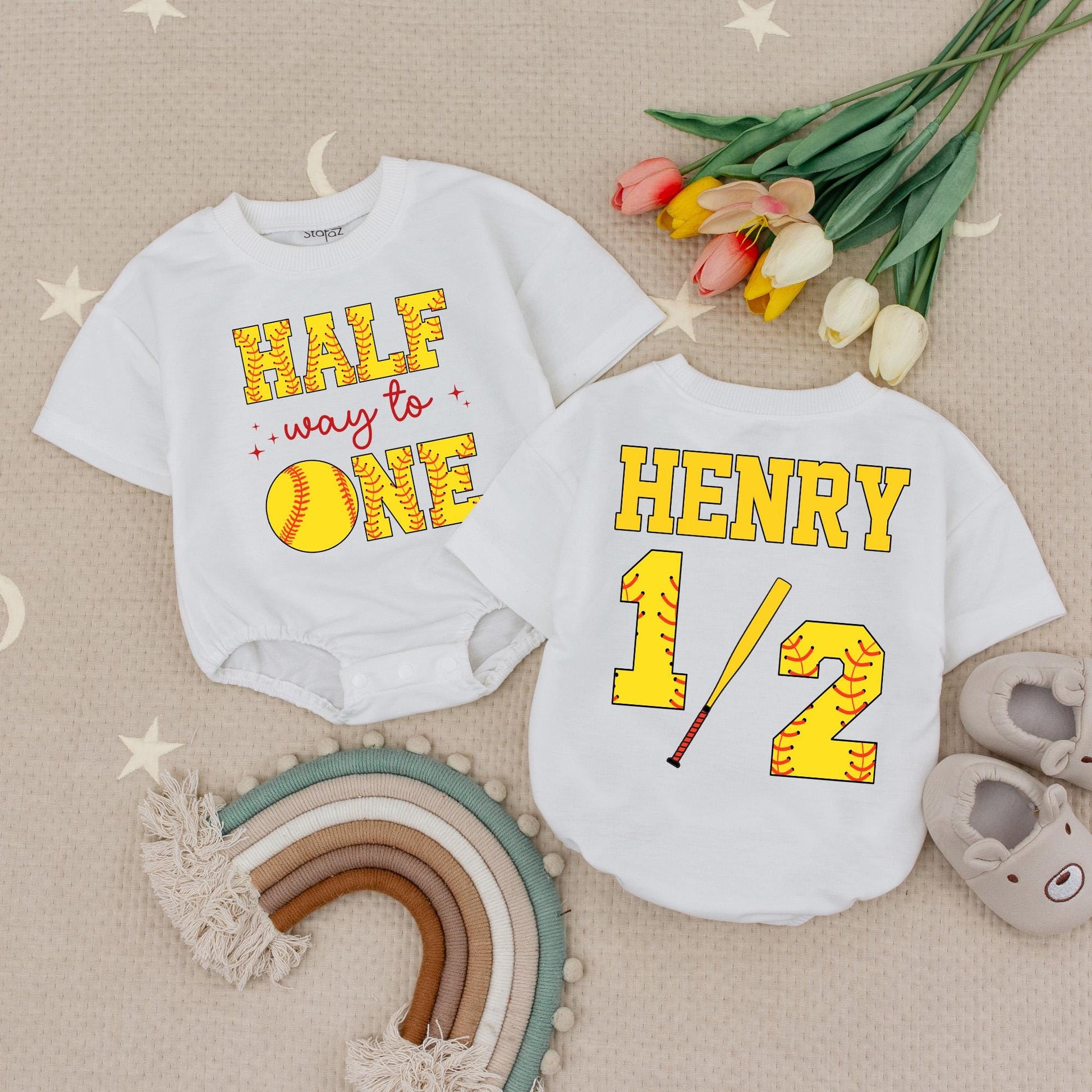 Custom Name Half Way To One Softball Baby Romper 6 Month Birthday Outfit Soft Ball Half Birthday Party 1/2 Birthday Gift For Babies