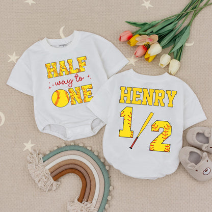 Custom Name Half Way To One Softball Baby Romper 6 Month Birthday Outfit Soft Ball Half Birthday Party 1/2 Birthday Gift For Babies