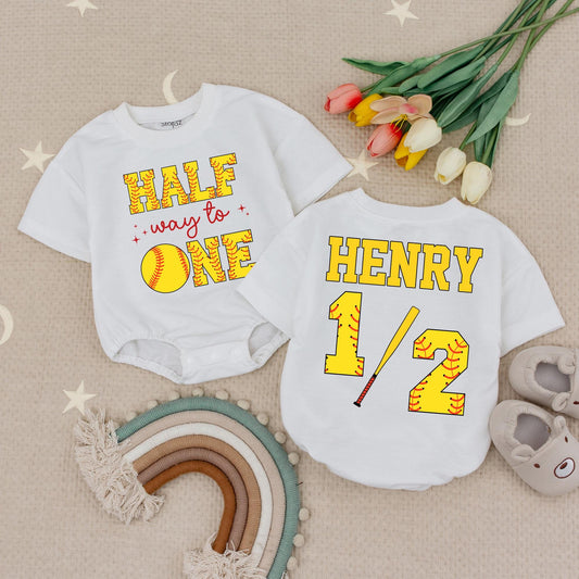 Custom Name Half Way To One Softball Baby Romper 6 Month Birthday Outfit Soft Ball Half Birthday Party 1/2 Birthday Gift For Babies
