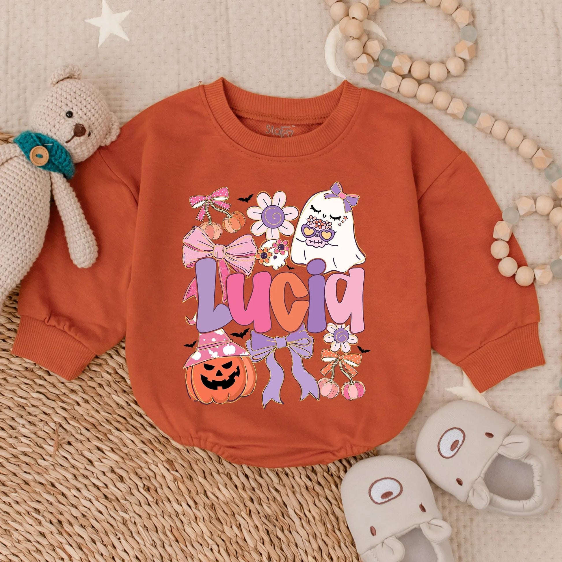 Custom Lucia Boho Ghost Halloween Baby Romper Spooky Floral Pumpkin Outfit Cute Fall Girl Gift