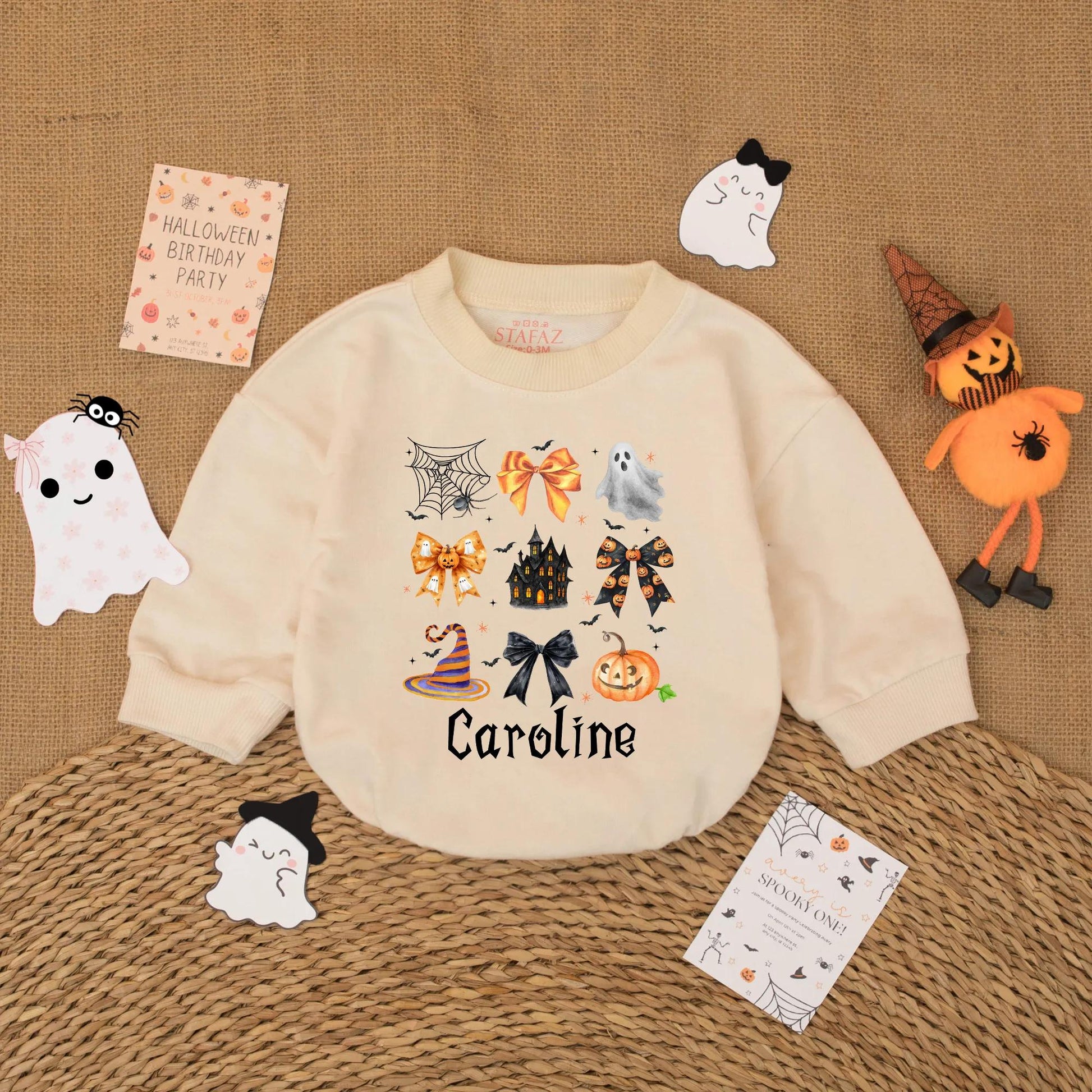 Personalized Caroline Gothic Halloween Romper for Baby Girls Cute Spooky Ghost Jack-o-Lantern Bow Bodysuit First Halloween Gift