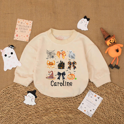 Personalized Caroline Gothic Halloween Romper for Baby Girls Cute Spooky Ghost Jack-o-Lantern Bow Bodysuit First Halloween Gift