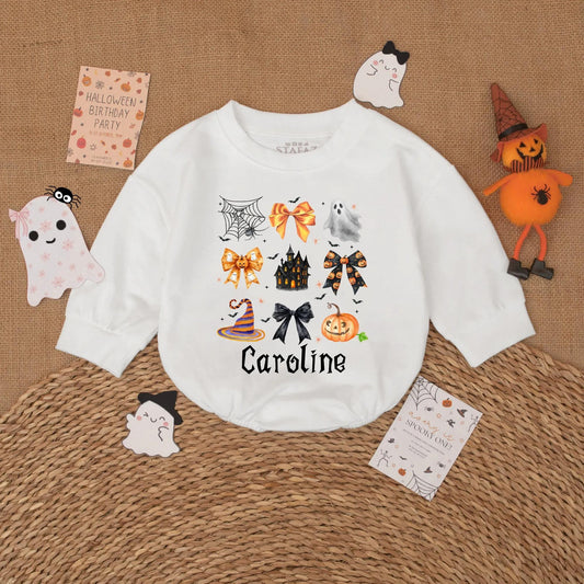 Personalized Caroline Gothic Halloween Romper for Baby Girls Cute Spooky Ghost Jack-o-Lantern Bow Bodysuit First Halloween Gift