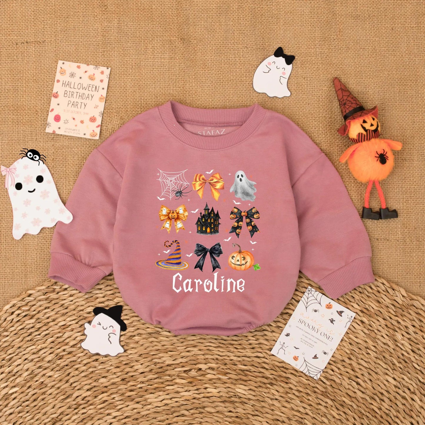 Personalized Caroline Gothic Halloween Romper for Baby Girls Cute Spooky Ghost Jack-o-Lantern Bow Bodysuit First Halloween Gift