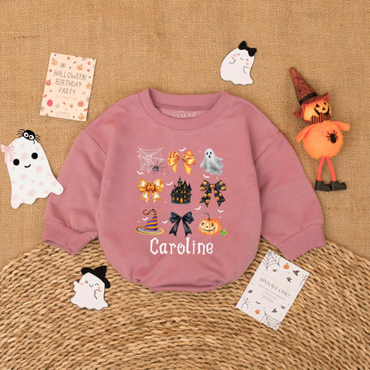 Personalized Caroline Gothic Halloween Romper for Baby Girls Cute Spooky Ghost Jack-o-Lantern Bow Bodysuit First Halloween Gift