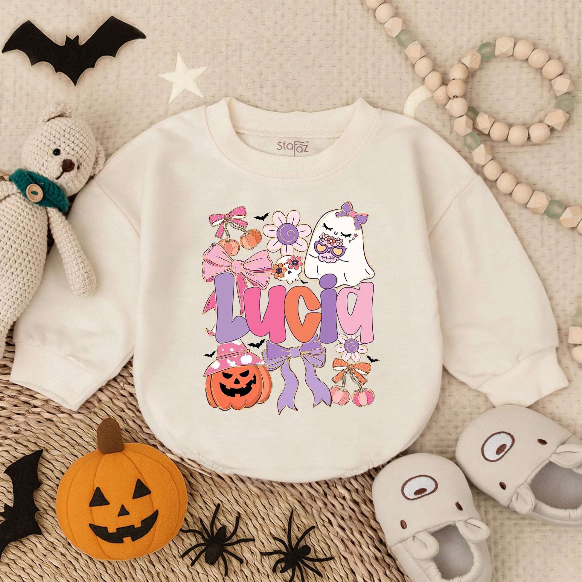 Custom Lucia Boho Ghost Halloween Baby Romper Spooky Floral Pumpkin Outfit Cute Fall Girl Gift