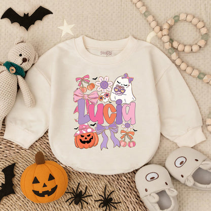 Custom Lucia Boho Ghost Halloween Baby Romper Spooky Floral Pumpkin Outfit Cute Fall Girl Gift