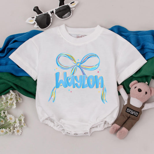 Personalized Blue Bow Print Baby Girl Romper Custom Name Outfit First Birthday Baby Shower Gift
