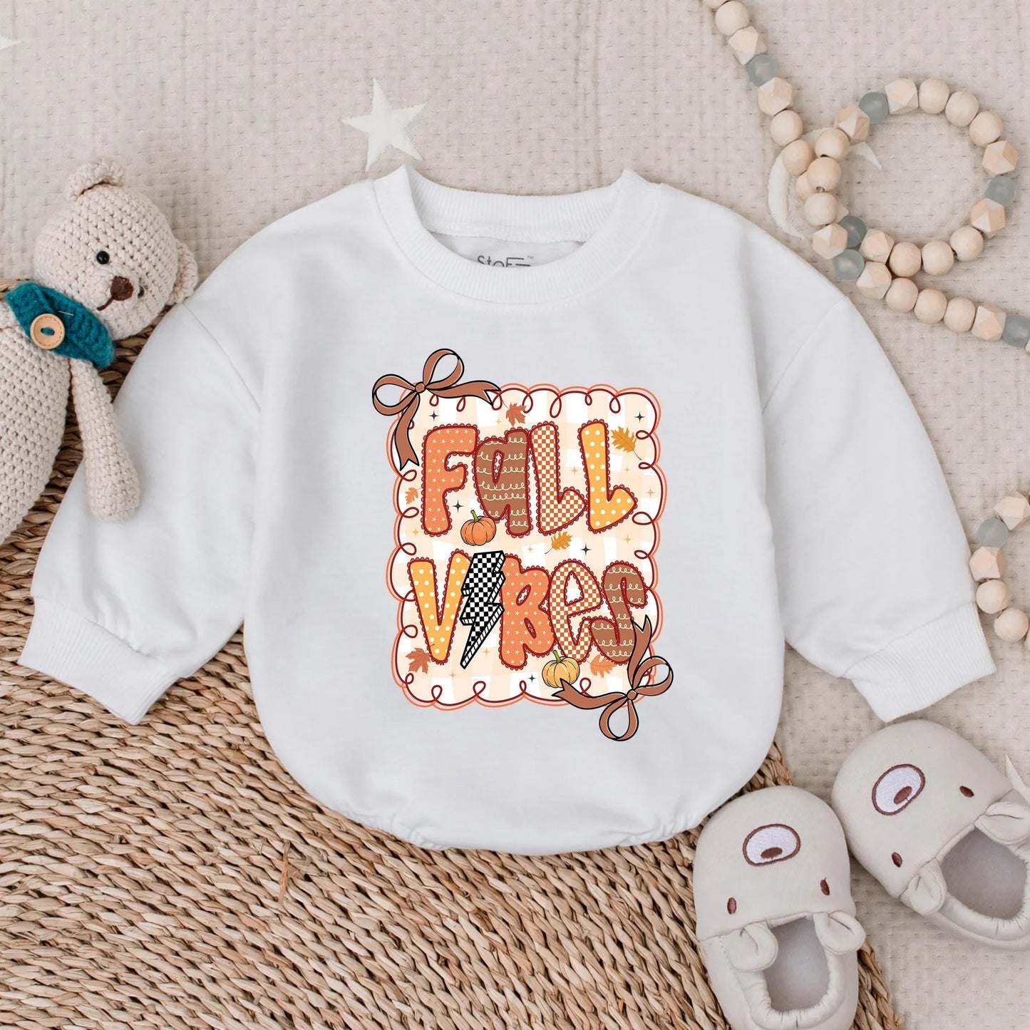 Fall Vibes Baby Girl Romper: Retro Autumn Leaves & Latte Design Cozy Toddler Shirt Outfit for Thanksgiving & Photoshoots