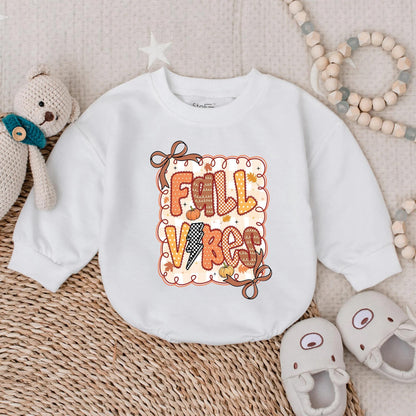 Fall Vibes Baby Girl Romper: Retro Autumn Leaves & Latte Design Cozy Toddler Shirt Outfit for Thanksgiving & Photoshoots
