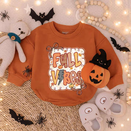 Fall Vibes Baby Girl Romper: Retro Autumn Leaves & Latte Design Cozy Toddler Shirt Outfit for Thanksgiving & Photoshoots