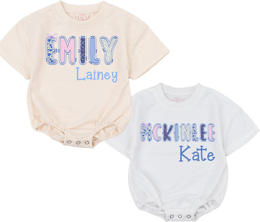 Cute Floral & Stripe Baby Bubble Romper Personalized First & Middle Name Baby Outfit Soft Cotton Birthday Shower Gift