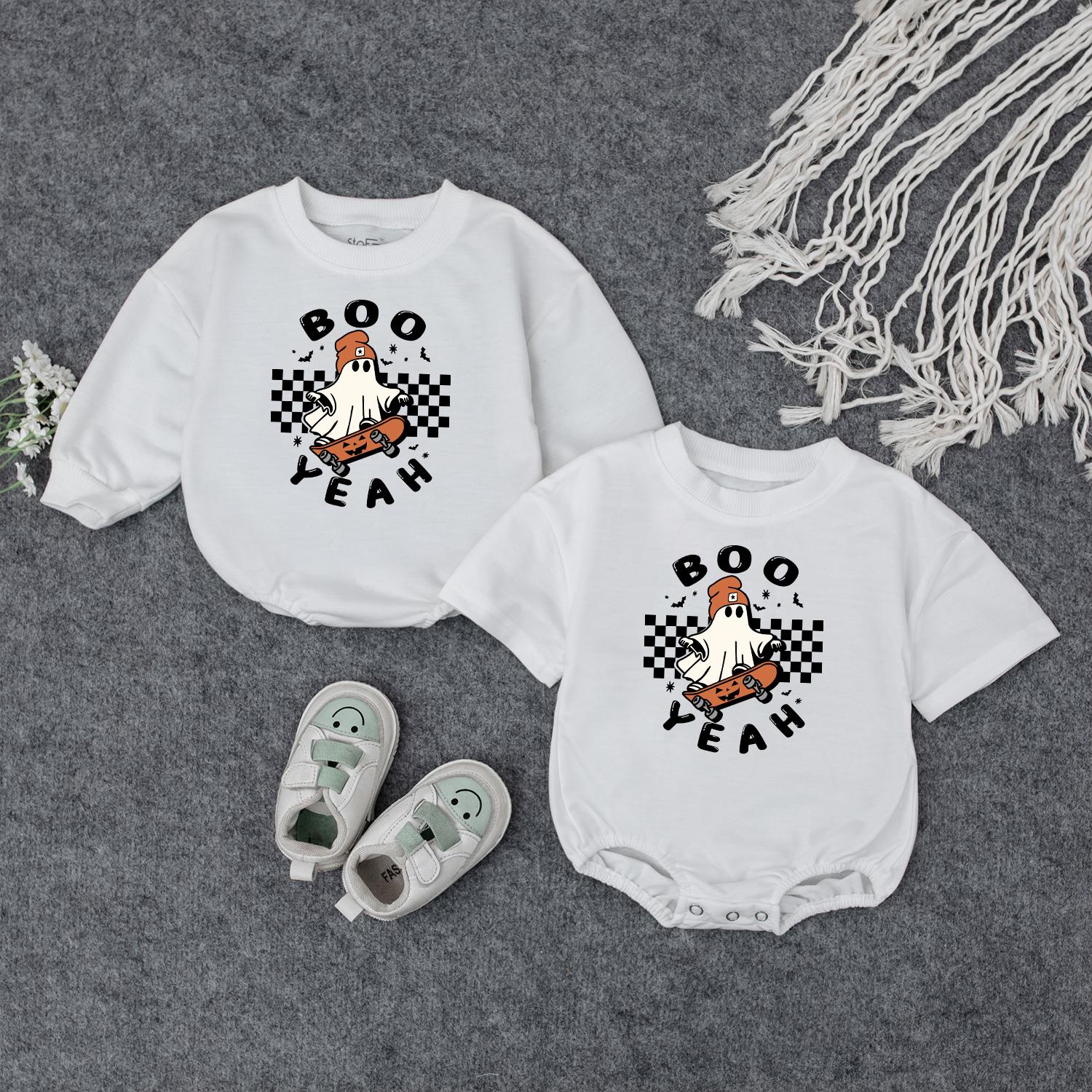 Boo Yeah Baby Romper, Retro Ghost Skateboard Halloween Outfit for Baby Girl or Boy, Spooky Season Costume, Funny Gift, Fall Bodysuit