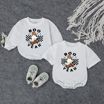 Boo Yeah Baby Romper, Retro Ghost Skateboard Halloween Outfit for Baby Girl or Boy, Spooky Season Costume, Funny Gift, Fall Bodysuit