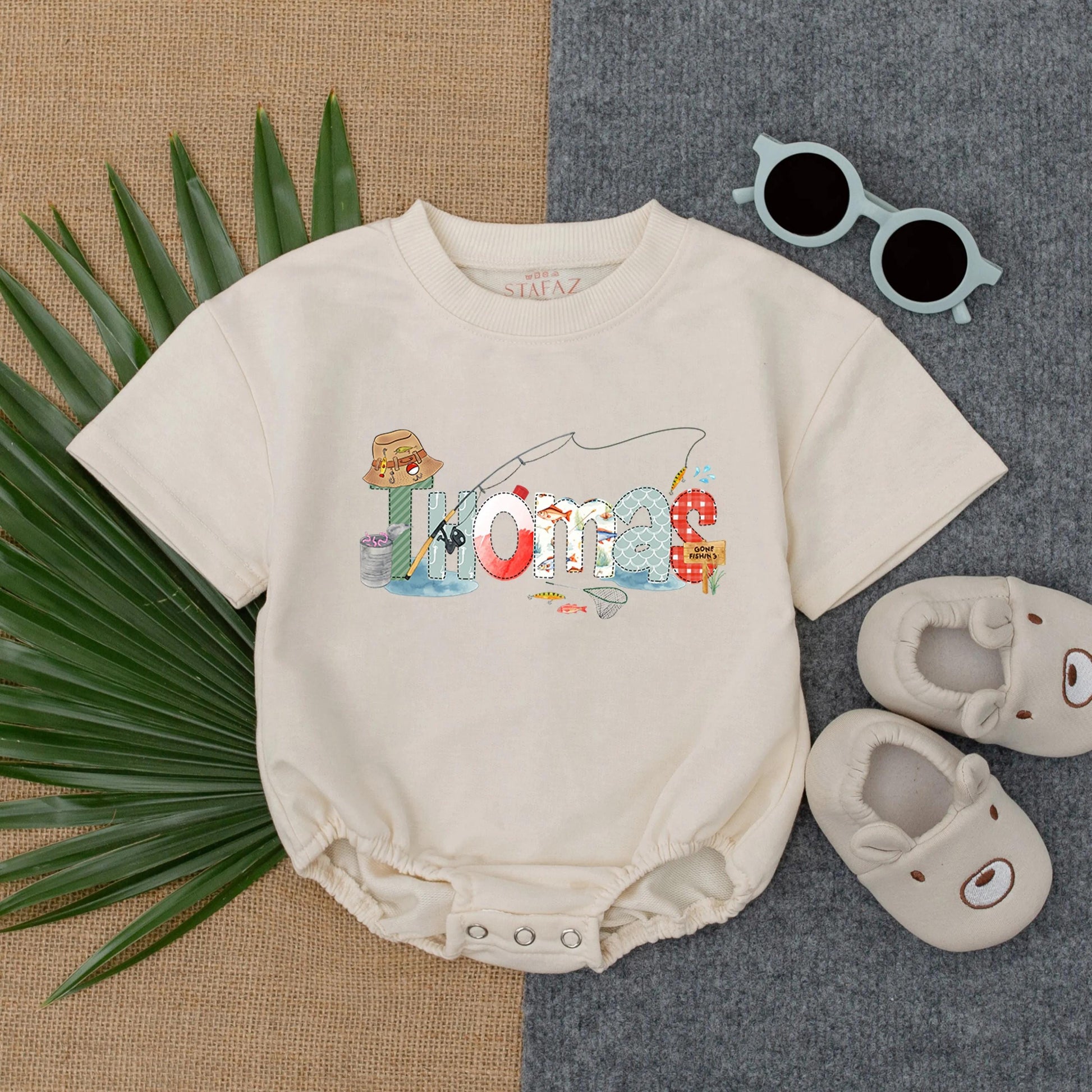 Personalized Fishing Bubble Romper for Baby Boy or Girl Custom Name Fish Bodysuit Cute Toddler Outfit Baby Shower Gift