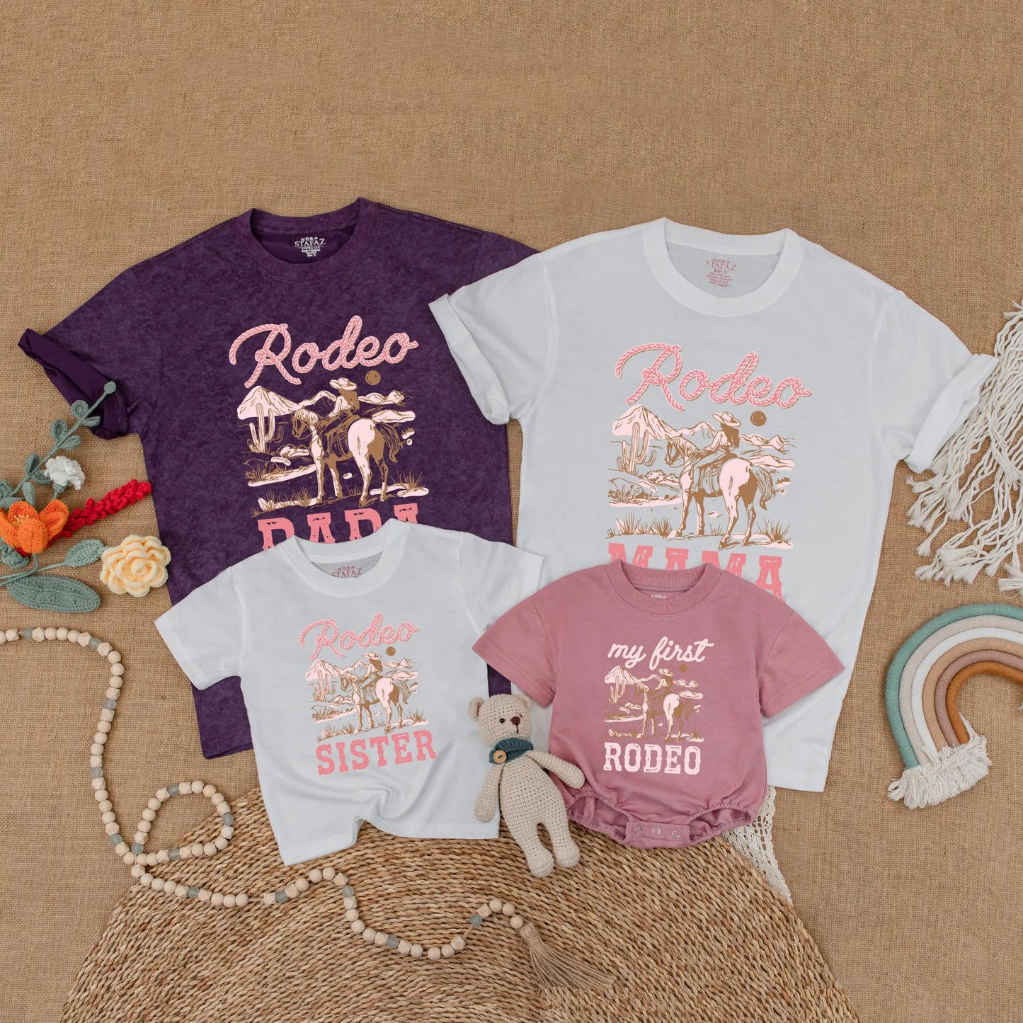 Pink Cowgirl First Rodeo Baby Romper Matching Family Birthday Shirts Western Theme Outfits for Girl's One Year Old Party Gift Comfortable Cotton