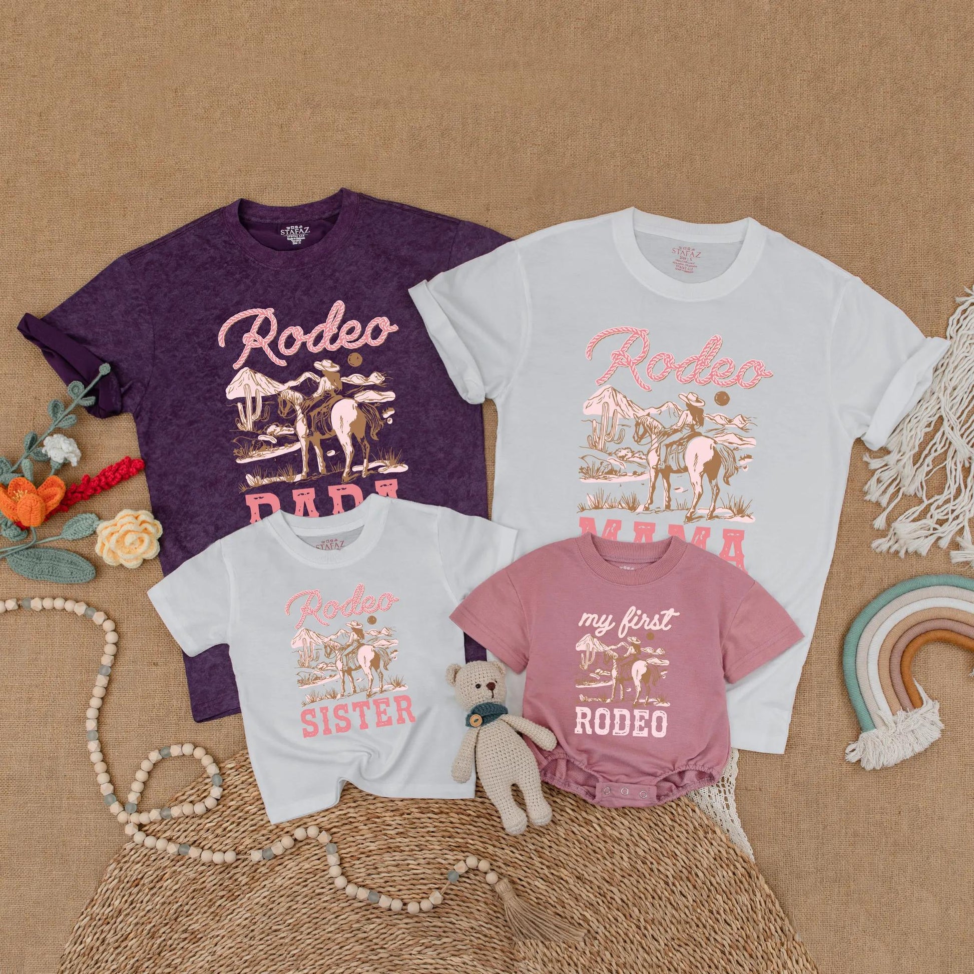 Pink Cowgirl First Rodeo Baby Romper Matching Family Birthday Shirts Western Theme Outfits for Girl's One Year Old Party Gift Comfortable Cotton