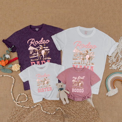 Pink Cowgirl First Rodeo Baby Romper Matching Family Birthday Shirts Western Theme Outfits for Girl's One Year Old Party Gift Comfortable Cotton