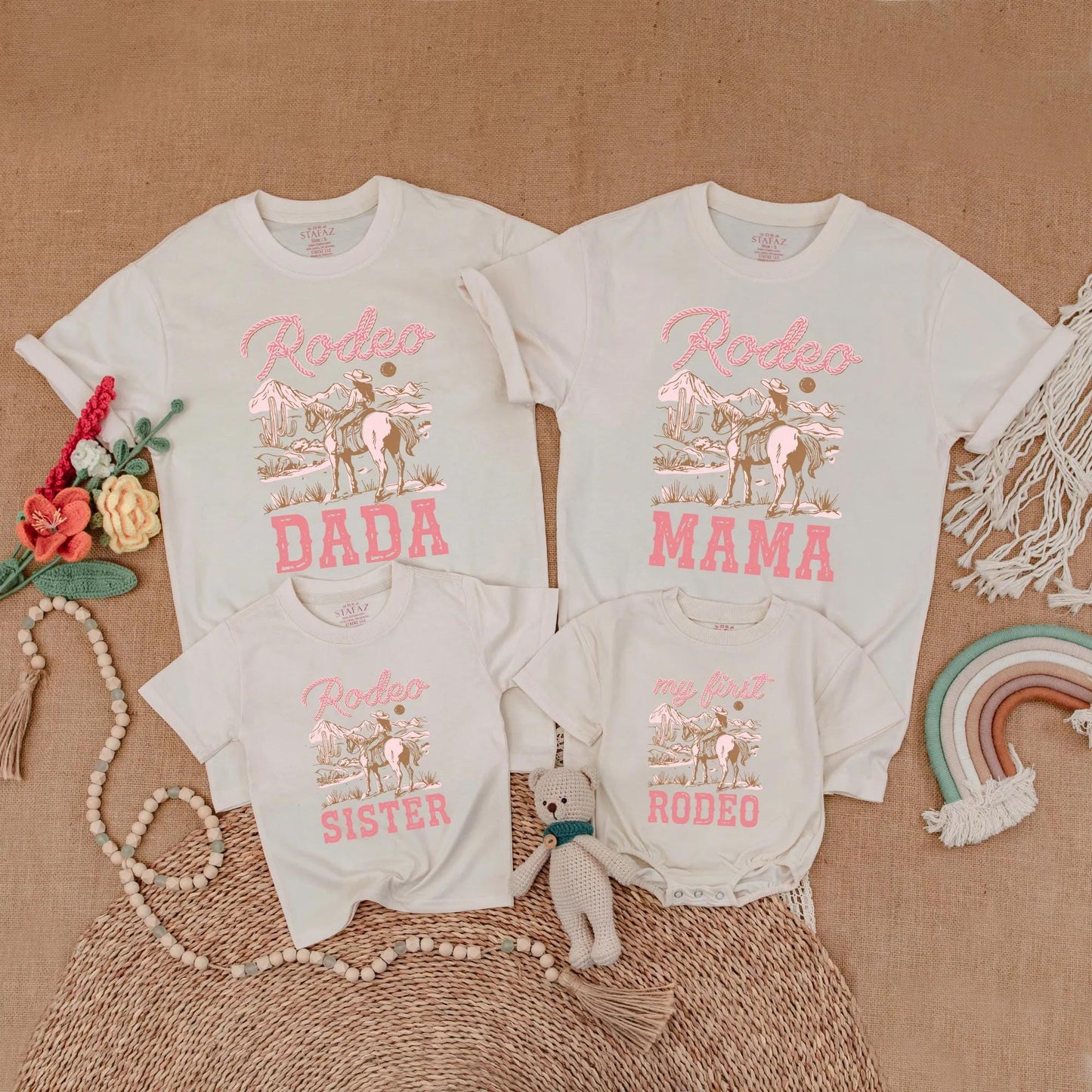 Pink Cowgirl First Rodeo Baby Romper Matching Family Birthday Shirts Western Theme Outfits for Girl's One Year Old Party Gift Comfortable Cotton
