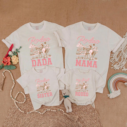 Pink Cowgirl First Rodeo Baby Romper Matching Family Birthday Shirts Western Theme Outfits for Girl's One Year Old Party Gift Comfortable Cotton
