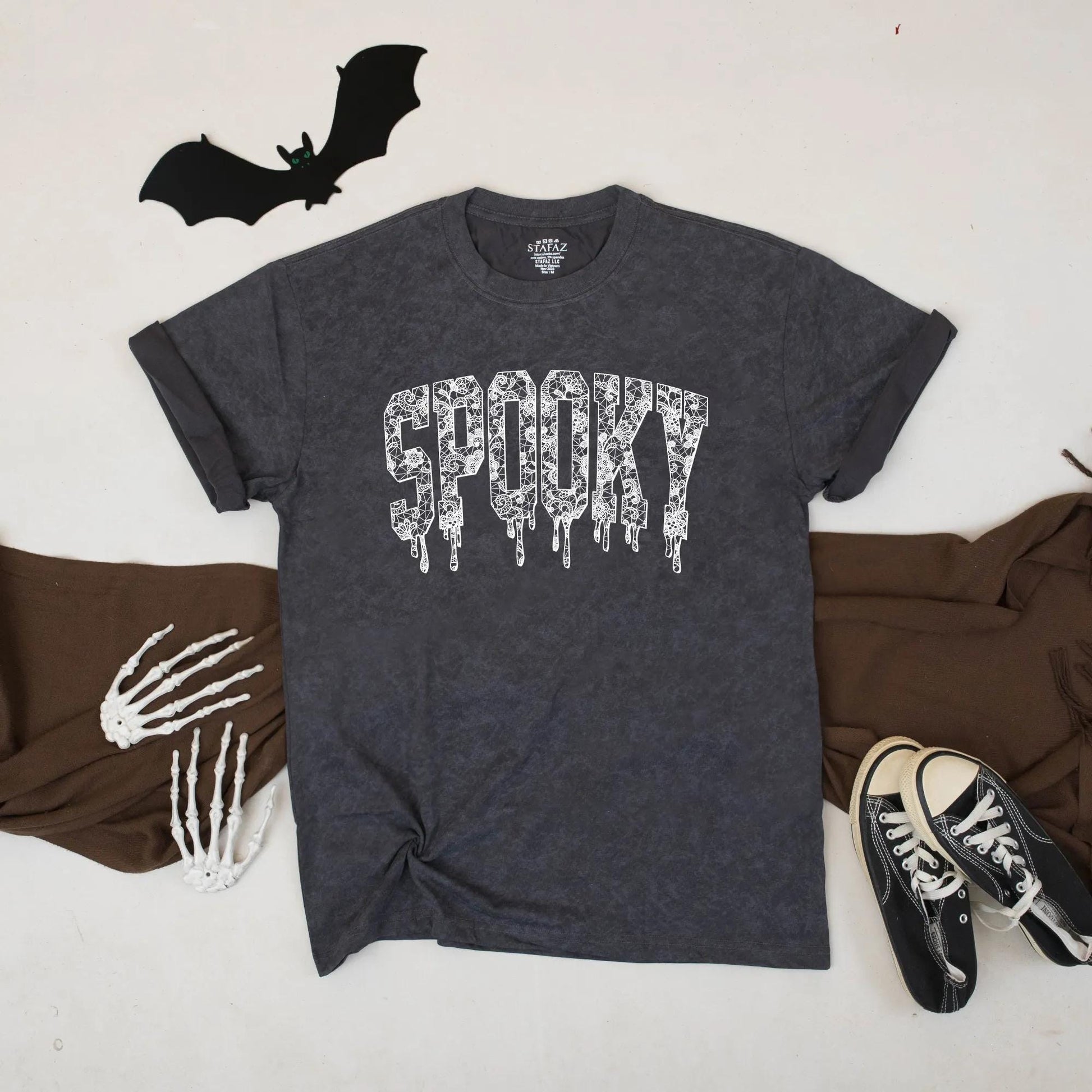 Spooky Lace Halloween Tee: Dripping Letter Graphic Shirt, Cute Gothic Aesthetic Top, Funny Fall Vibes, Unisex Comfort, Perfect October Gift (138 chars)