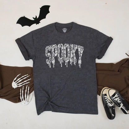Spooky Lace Halloween Tee: Dripping Letter Graphic Shirt, Cute Gothic Aesthetic Top, Funny Fall Vibes, Unisex Comfort, Perfect October Gift (138 chars)
