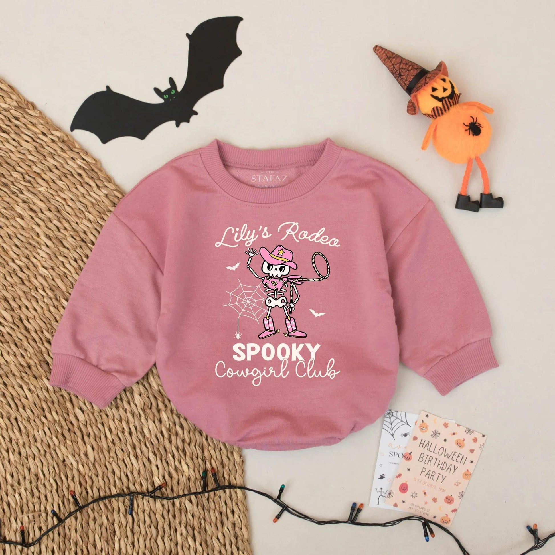 Custom Name Baby Girl Spooky Cowgirl Romper Halloween Western Outfit with Skeleton & Pink Hat Boots