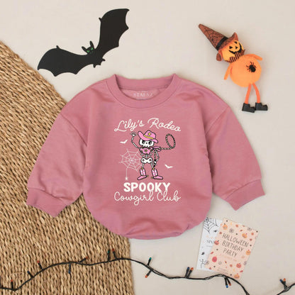Custom Name Baby Girl Spooky Cowgirl Romper Halloween Western Outfit with Skeleton & Pink Hat Boots