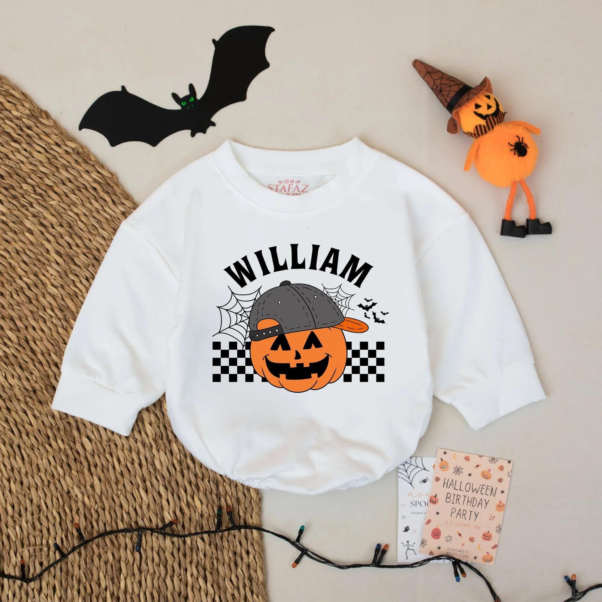 My First Boo Romper - Cool Pumpkin Halloween Baby Outfit - Personalized Name Fall Romper Gift for Baby Boy or Girl- Spooky Cute Bodysuit 139chars