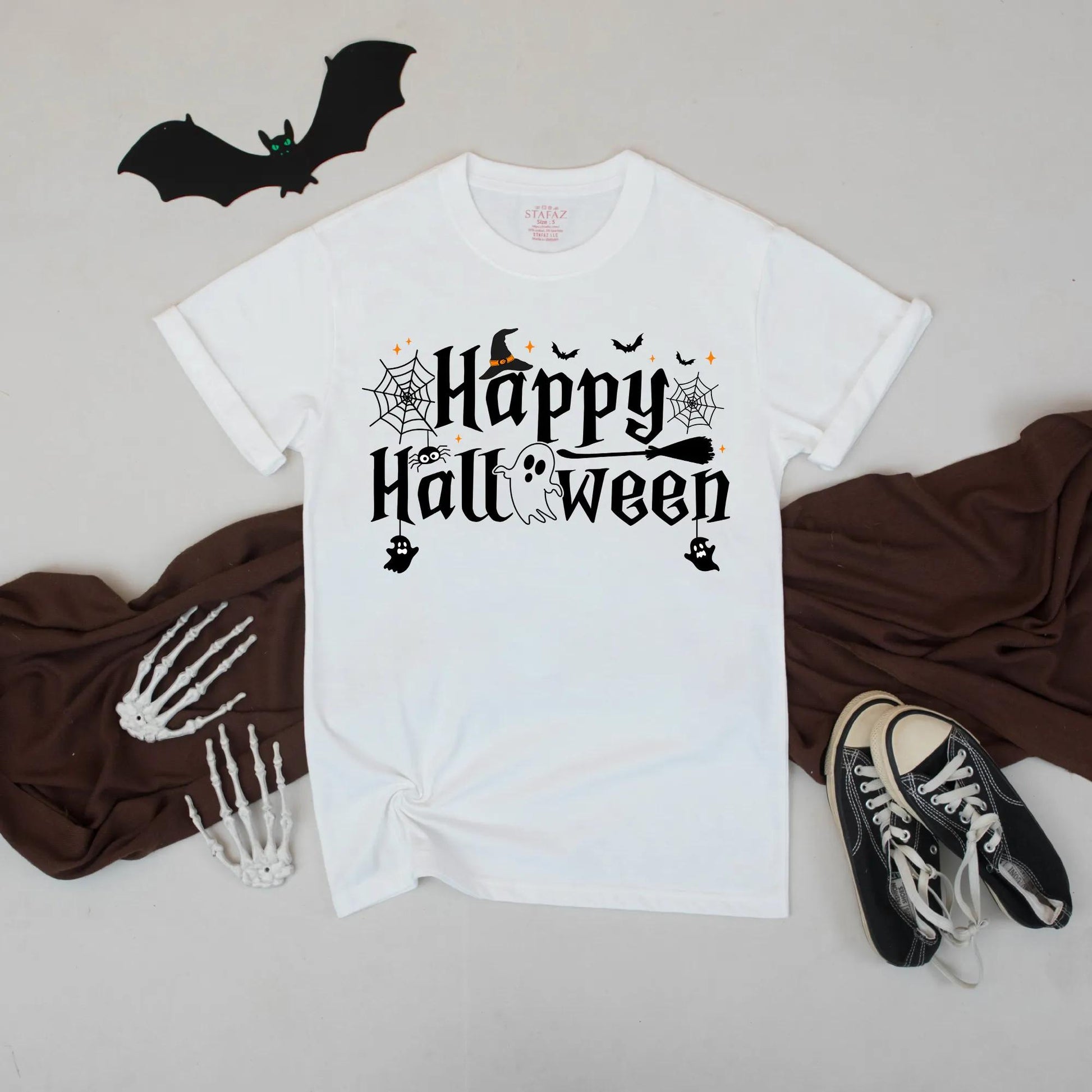 Happy Halloween Shirt Witch Hat Ghost Broomstick Cute Spooky Fall Graphic Tee