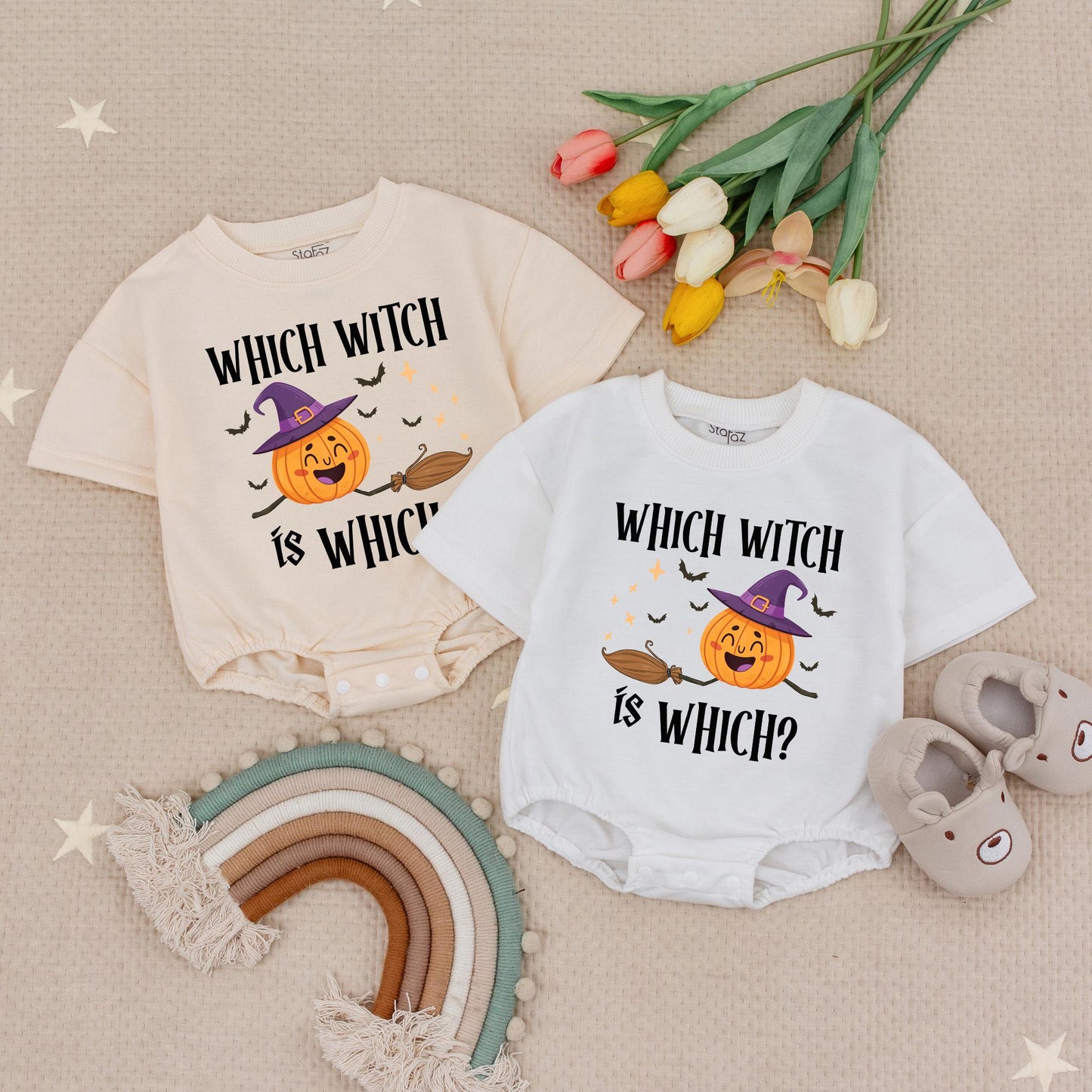 Which Witch is Which Twin Baby Romper Set: Matching Halloween Outfits for Twin Girls, First Halloween Costume Newborn Twins