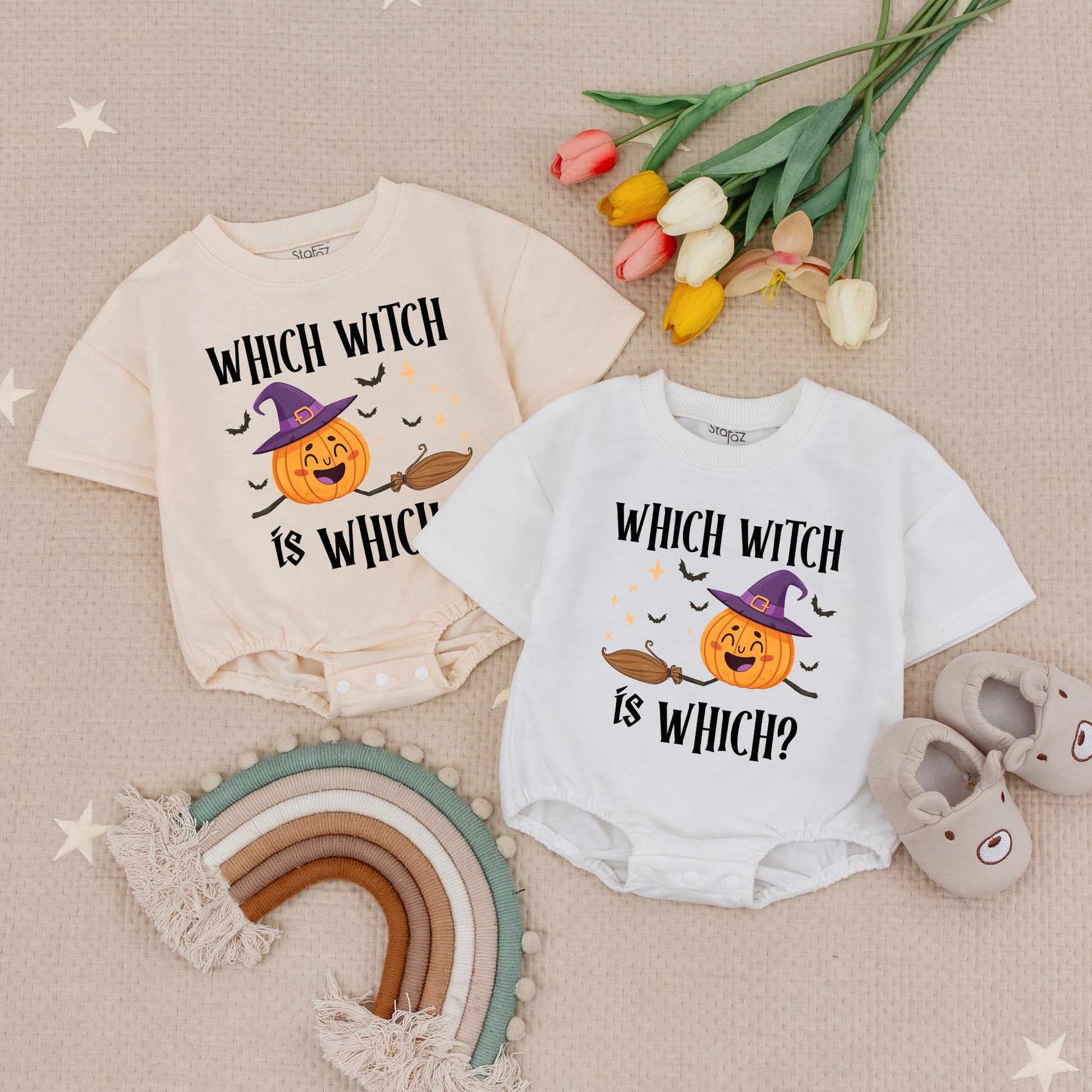 Which Witch is Which Twin Baby Romper Set: Matching Halloween Outfits for Twin Girls, First Halloween Costume Newborn Twins