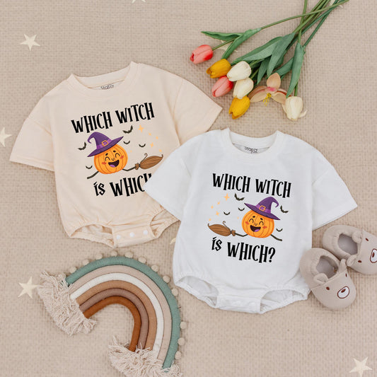 Which Witch is Which Twin Baby Romper Set: Matching Halloween Outfits for Twin Girls, First Halloween Costume Newborn Twins