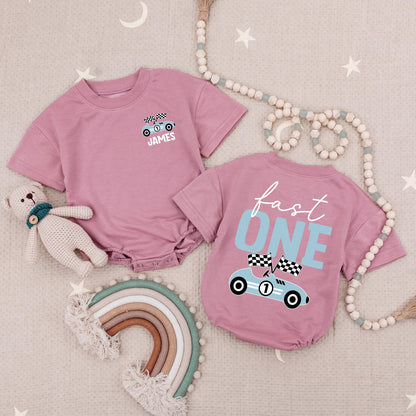 Custom Name Fast One Romper, Race Car 1st Birthday Outfit, Racing Bodysuit, Boy First Birthday Shirt, Family Matching, Race Theme Baby Clothes 139 Chars