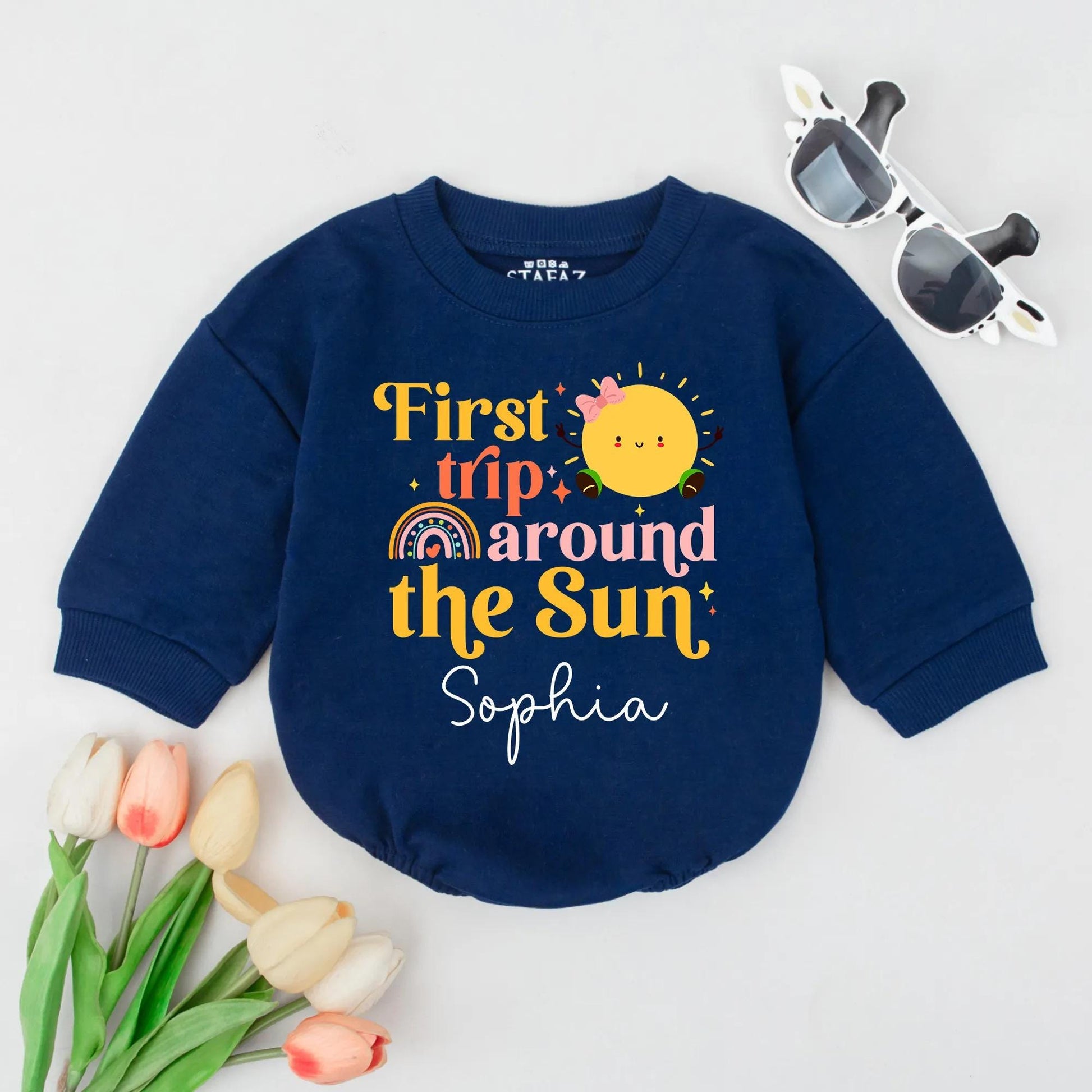 Baby Girl First Birthday Bubble Romper First Trip Around The Sun Pastel Rainbow Personalized Name Outfit Toddler Gift