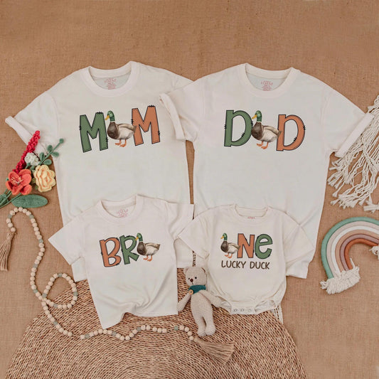 One Lucky Duck First Birthday Matching Family Shirts Mallard Duck Theme Baby Boy Outfit Mommy Me Gift