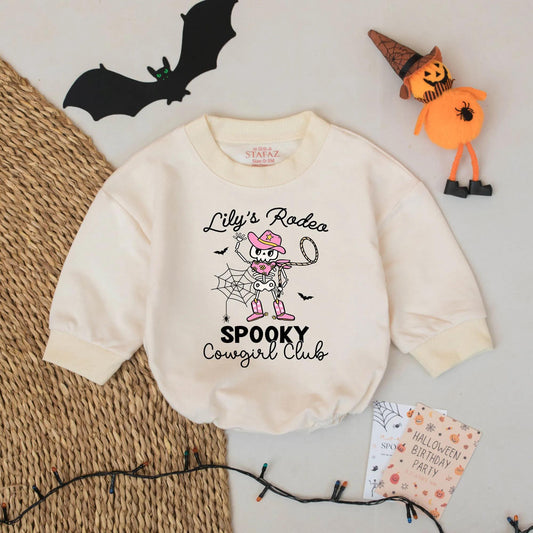 Custom Name Baby Girl Spooky Cowgirl Romper Halloween Western Outfit with Skeleton & Pink Hat Boots